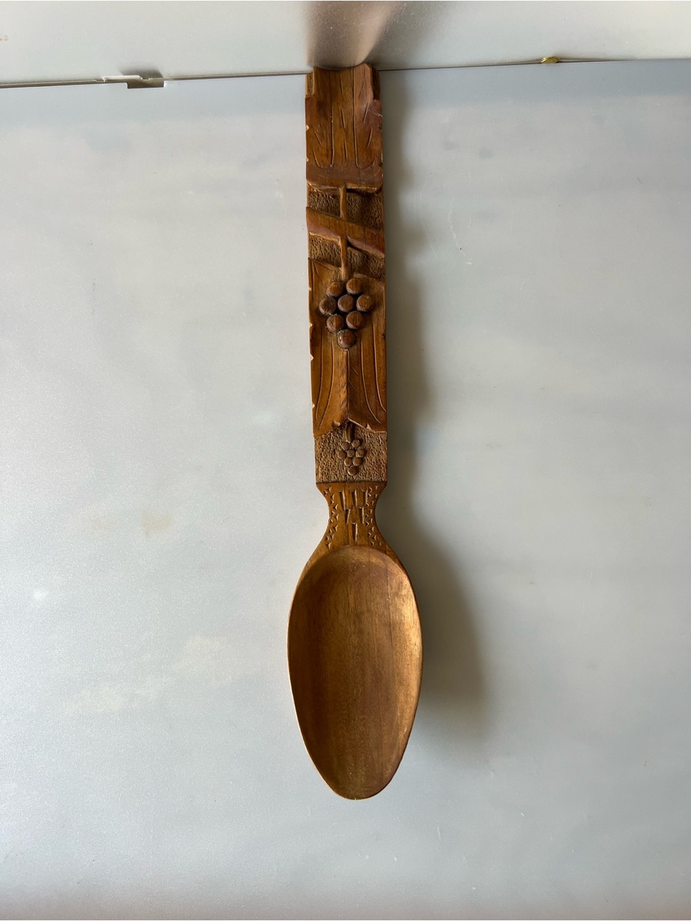 Vintage Hand Carved Wood Spoon Grapes Decor.